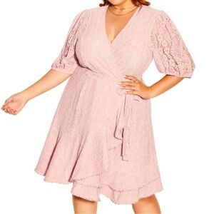 City Chic Sweetie Faux Wrap Lace Dress rosebud XXL